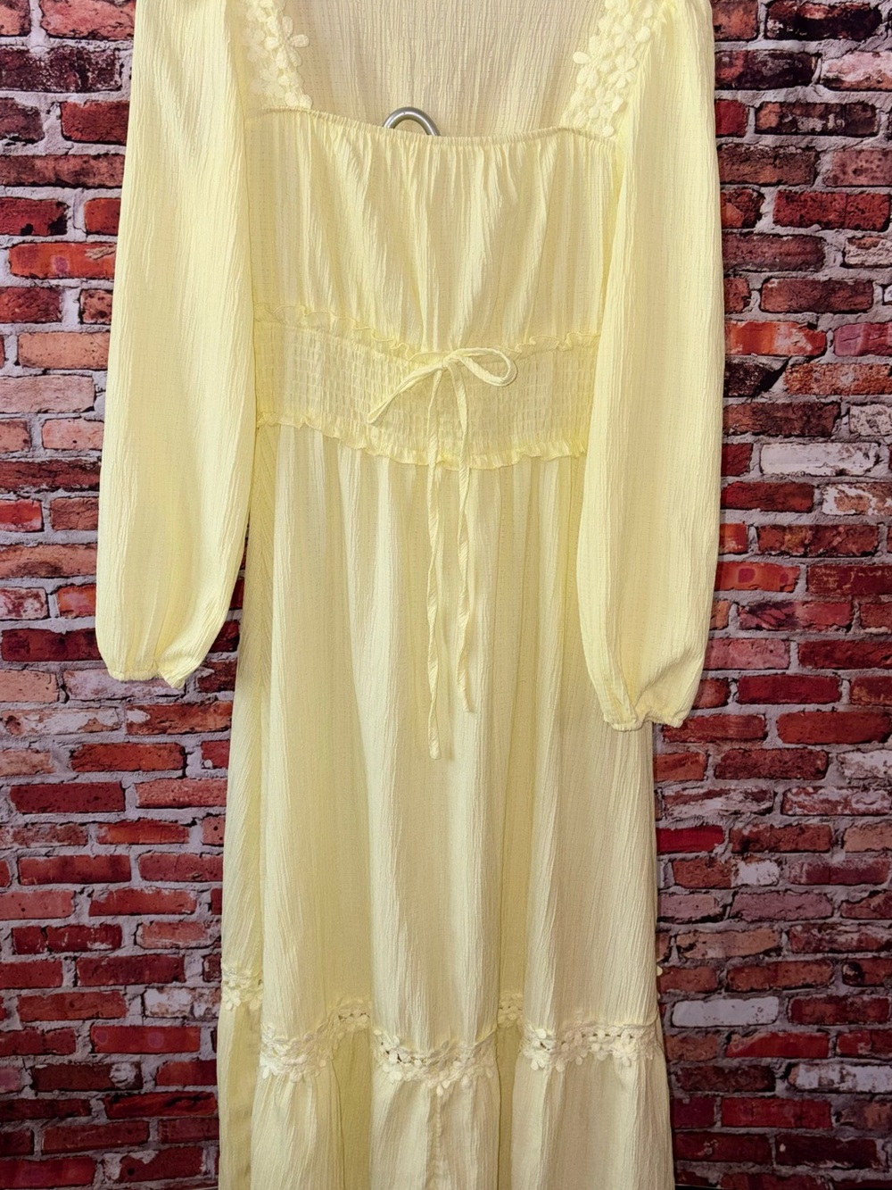 SHEIN Yellow Chartreuse Long Sleeve Maxi Dress with Lace Trim Size Small